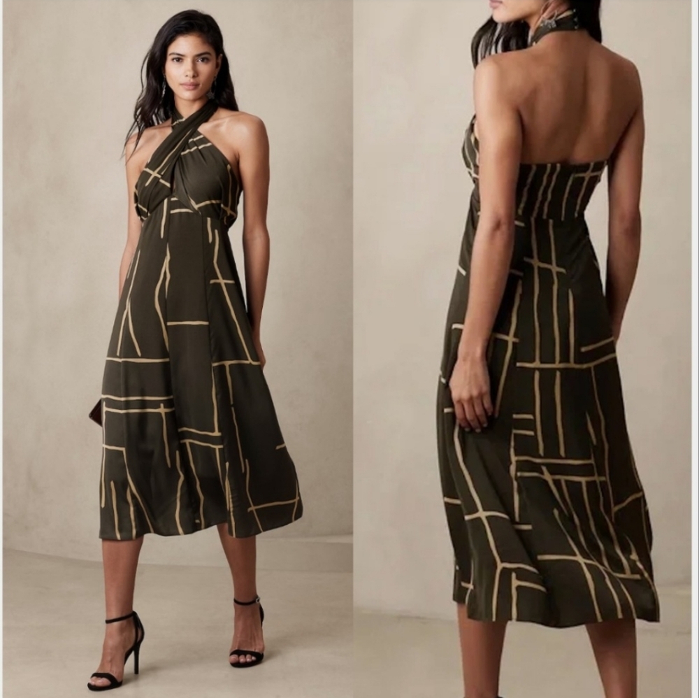 Banana Republic Factory Halter Midi Dress Cross Front Geo Size 6 Tall